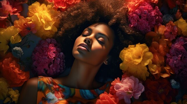 Futuristic style photograph of a young black woman with long curly hair lying with her eyes closed and surrounded by colorful flowers. Image generated with AI.