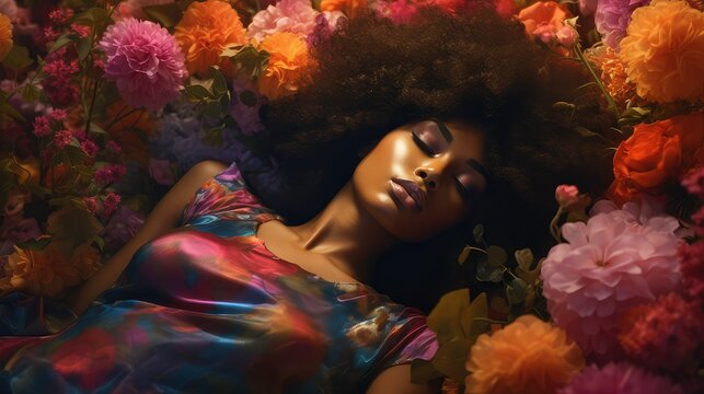 Futuristic style photograph of a black woman with long curly hair lying with her eyes closed and surrounded by colorful flowers. Image generated with AI.