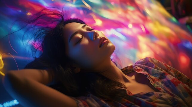 Artistic photograph of a beautiful Asian woman lying with her eyes closed and surrounded by colored bright lights. Image generated with IA.