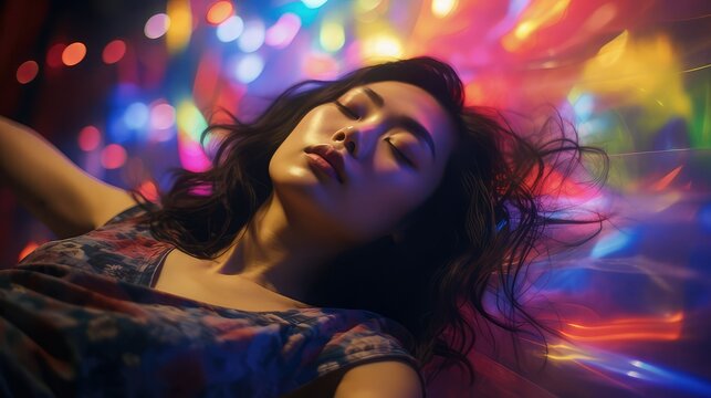 Realistic photograph of a beautiful Asian woman lying with her eyes closed and surrounded by colored bright lights. Image generated with IA.