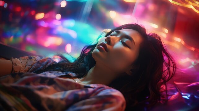 Realistic photograph of a young Asian woman lying with her eyes closed and surrounded by colored lights. Image generated with IA.