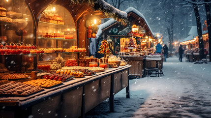 Vendor stall of a festive christmas market with colorful decoration and food