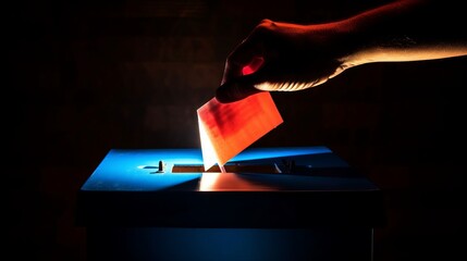 a hand putting red piece of paper into blue box