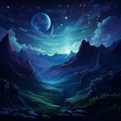Naklejka na ściany i meble a landscape of mountains and moon