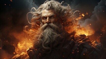 Zeus, god of ancient Greek mythology. God of thunder from Olympus, a ruler with divine power. Fire background - 668884737