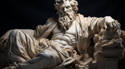 Statue of Zeus, god of ancient Greek mythology. God of thunder from Olympus, a ruler with divine power. Fire background