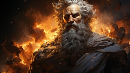 Zeus, god of ancient Greek mythology. God of thunder from Olympus, a ruler with divine power. Fire background - obrazy, fototapety, plakaty