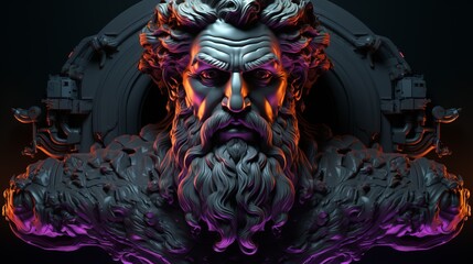 Zeus in ultraviolet light, modern god of ancient Greek mythology. God of thunder from Olympus, a ruler with divine power. Fire background