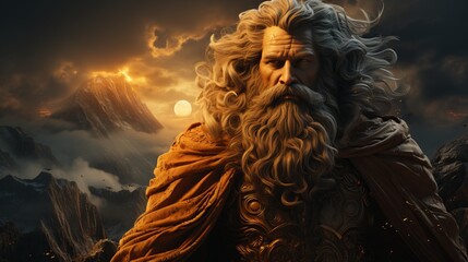 Zeus, god of ancient Greek mythology. God of thunder from Olympus, a ruler with divine power. Fire background