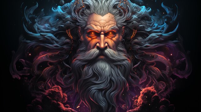 Zeus in ultraviolet light, modern god of ancient Greek mythology. God of thunder from Olympus, a ruler with divine power. Fire background