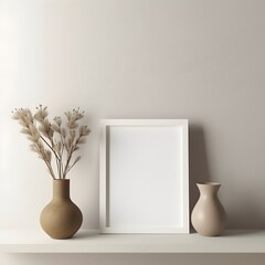 a white frame and vase with dried flowers