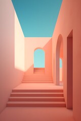 a pink staircase with arches and blue sky