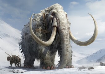a mammoth with large tusks and couple of other mammoths in snow