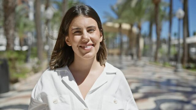 Young beautiful hispanic woman standing smiling at city promenade
