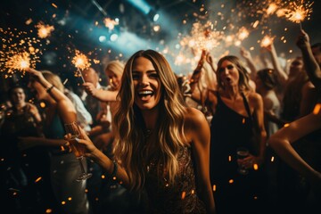 Corporate party New Year, enjoyment of pastime on the eve of Christmas holidays, a company party, vacation with friends, disco dancing party . - obrazy, fototapety, plakaty