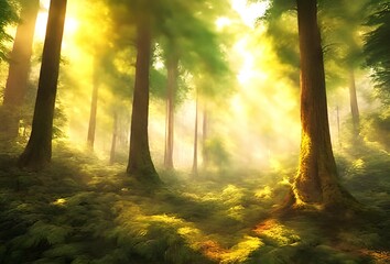 Naklejka premium Imagen generada con inteligencia artificial de un bosque, lleno de naturaleza y vegetación, con un camino iluminado por la luz del sol.