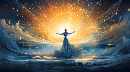 Fototapeta na wymiar Fantasy landscape with a woman and a shining star in the sky. Beautiful young woman in a white dress standing on the top of a mountain and looking at the starry sky