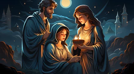 Fotobehang Nativity Scene Cartoon Illustration © Ekaterina