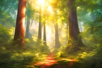 Imagen generada con inteligencia artificial de un bosque, lleno de naturaleza y vegetación, con un camino iluminado por la luz del sol.