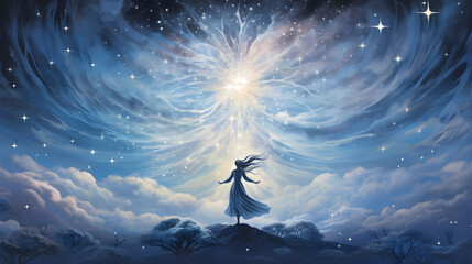 Fototapeta na wymiar Fantasy landscape with a woman and a shining star in the sky. Beautiful young woman in a white dress standing on the top of a mountain and looking at the starry sky