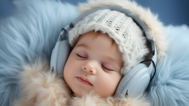 Newborn baby with headphones listening music on a pastel blue background with copy space
