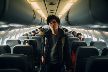 Young Asian man inside a plane. Life as a traveler and entrepreneur in Asia.