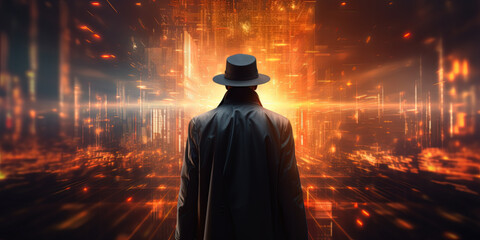 Mysterious cyber detective wearing a trench coat and a fedora standing askew to the viewer in a digital landscape, minimalist electronica and circuitry in the background