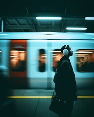 a person wearing headphones standing in front of a train