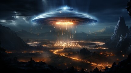 An unidentified flying object hovered in the sky. Space flying saucer with lights. An alien UFO visits the earth. Aliens from another planet.