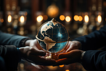 Fototapeta premium A globe encircled by people holding hands, signifying the unity and cooperation needed to address the challenges of international migration. Generative Ai.