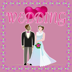 Wedding couple, Valentine's Day, fashionable, with heart, silhouette, with bouquet, women, men, vector illustration