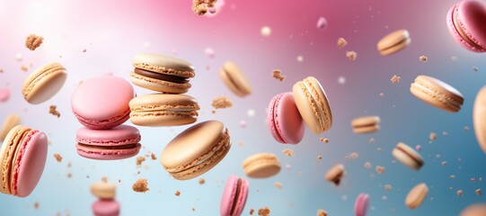 Fototapeta na wymiar Macaron cake with crumbs on a blue and pink background. Levitating dessert.