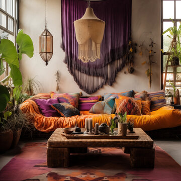 Fototapeta Salon boho - dekoracja z tkaniny na ścianie. Fioletowe i pomarańczowe kolory wnętrza. Render 3d. Wizualizacja