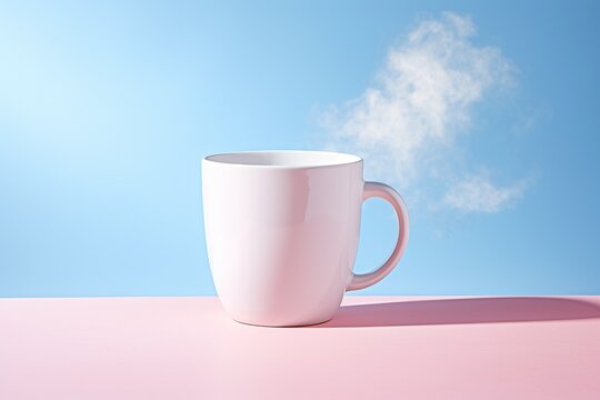 White levitating cup on a pastel background. Good morning concept