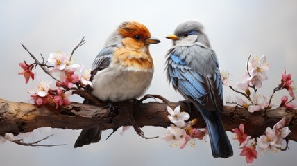 Two beautiful birds sitting on a flowery branch - obrazy, fototapety, plakaty