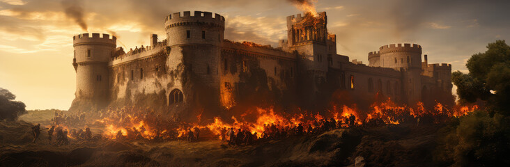 Fototapeta premium Heroic Epoch: A Cinematic View of Medieval Fight Scene near Castle, Embroidering the Fierce Valor of Bygone Warriors, Crafted by Generative AI