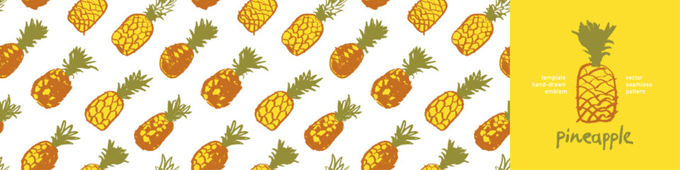 Pineapple pattern seamless, pineapples illustration, hand-drawn vector exotic fruit for vegan banner, juice or jam label design. Ripe ananas background for baby food packaging. Pineapple backdrop.