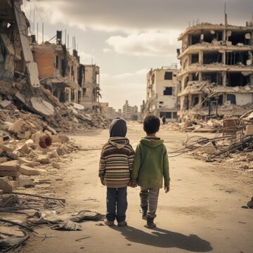 two children walking on dirt road in front of destroyed buildings