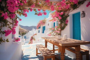 beautiful greek courtyard with white walls and blue doors and windows surrounded by blooming...