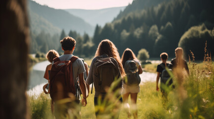 a group of unrecognizable teenagers walking together in nature at a summer camp - Powered by Adobe