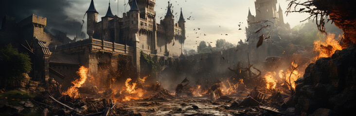 Heroic Epoch: A Cinematic View of Medieval Fight Scene near Castle, Embroidering the Fierce Valor of Bygone Warriors, Crafted by Generative AI