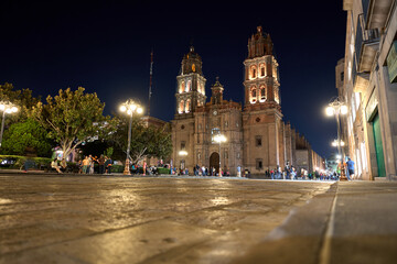 San Luis Potosi Cathedral at night (Spanish: Catedral Metropolitana de San Luis Rey) in in the historic center of the state San Luis Potosi, Mexico. Dedicated to St. Louis King of France