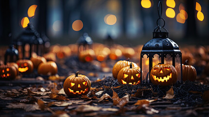 Halloween pumpkins and burning candles in a creepy forest at foggy day