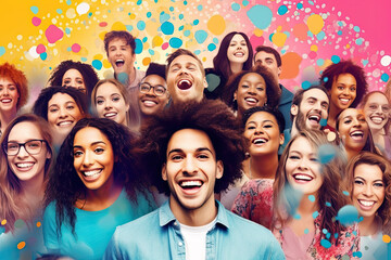 Collage of many happy smiling positive multicultural people on an abstract colorful background