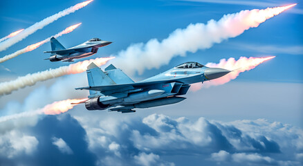 Air combat. Jets conclude dissimilar air combat training. Pair of combat fighter jet on a military mission with weapons - rockets, bombs, weapons on wings - obrazy, fototapety, plakaty