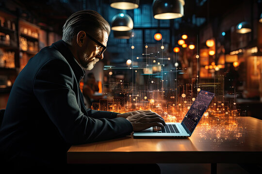 Mature businessman typing data on laptop with visualisation augmented reality of project data with glowing lines and connecting dots  working late at the office