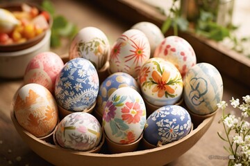 Obraz na płótnie Canvas Painted easter eggs in a wooden box on a wooden background