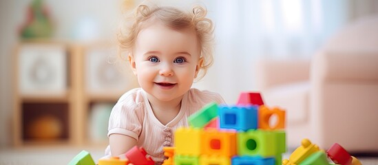 Adorable infant girl playing with toys indoors
