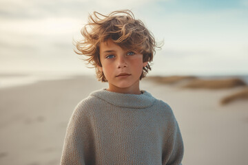 Autumn Breezes by the North Sea: Wind-Swept Boy on the Beach