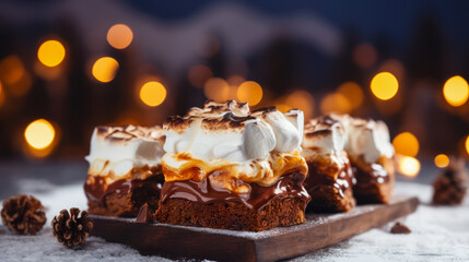 Slices of S'mores brownies on wooden board. Festive atmosphere. Horizontal, side view.